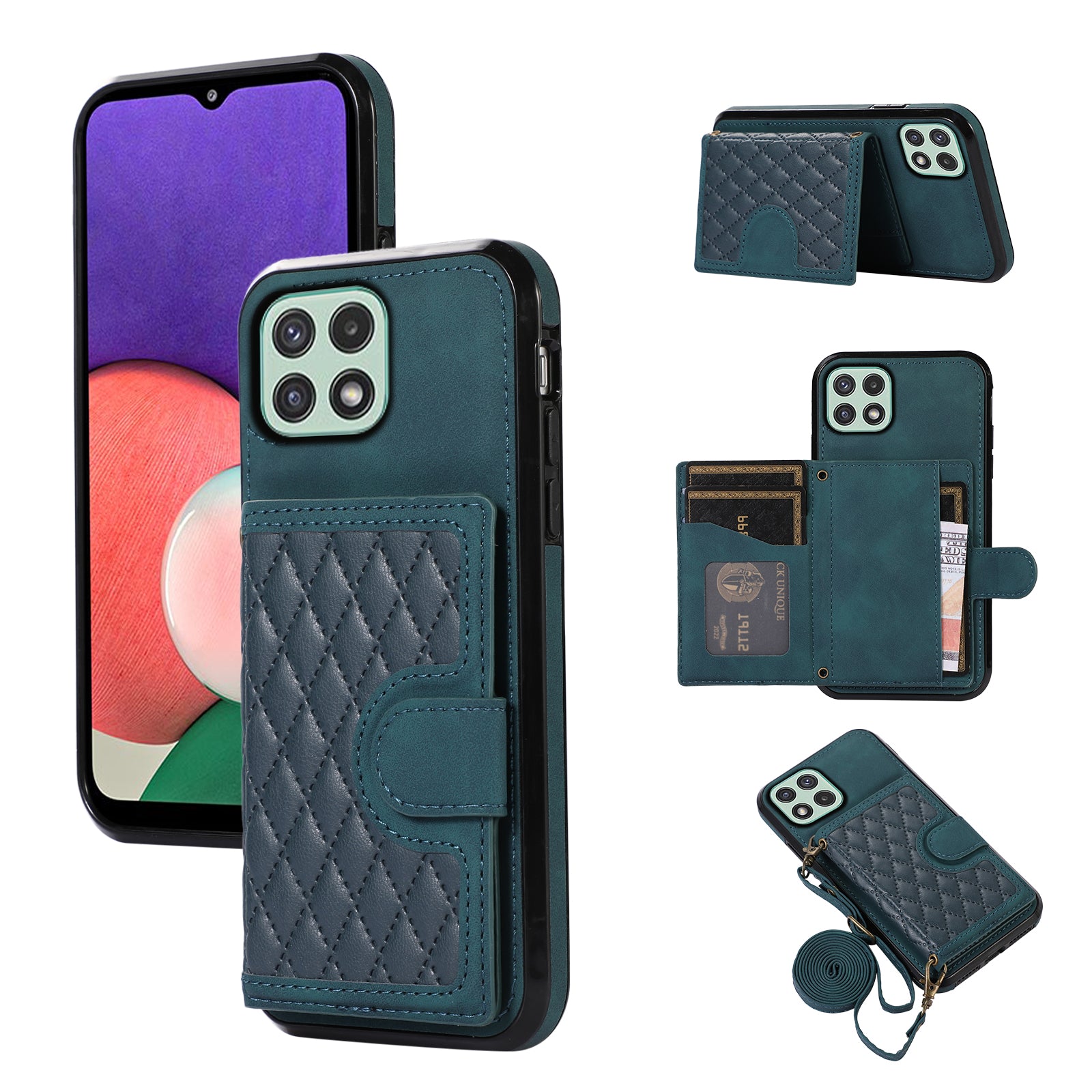 For Samsung Galaxy A22 5G (EU Version) Rhombus Grid Phone Case TPU+PU Leather Kickstand Shell - Black For Samsung Galaxy A22 5G (EU Version) Rhombus Grid Phone Case TPU+PU Leather Kickstand Shell - Black